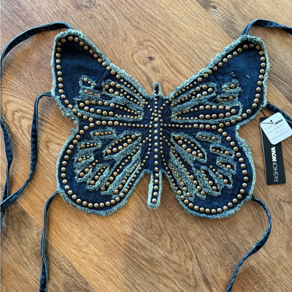 Fashion Nova Blue Butterfly Embellished Top